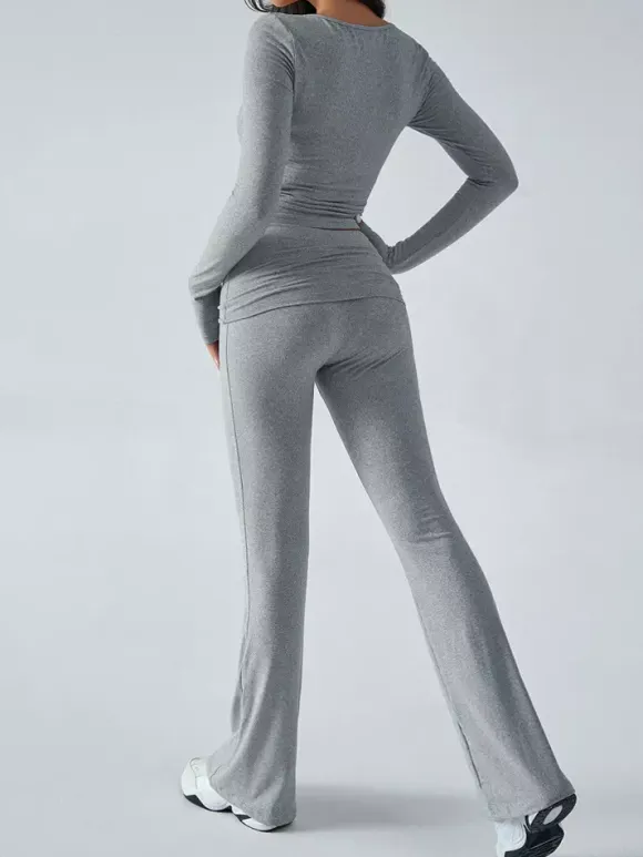 Long Sleeve Two Piece Outfits For Women - V Neck Slim Fit Crop Top And Flared Pants Yoga Set - Spring Gym Lounge 2026