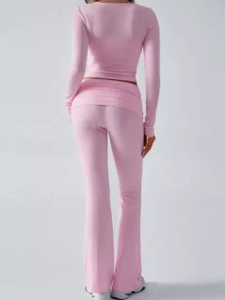 Long Sleeve Two Piece Outfits For Women - V Neck Slim Fit Crop Top And Flared Pants Yoga Set - Spring Gym Lounge 2026