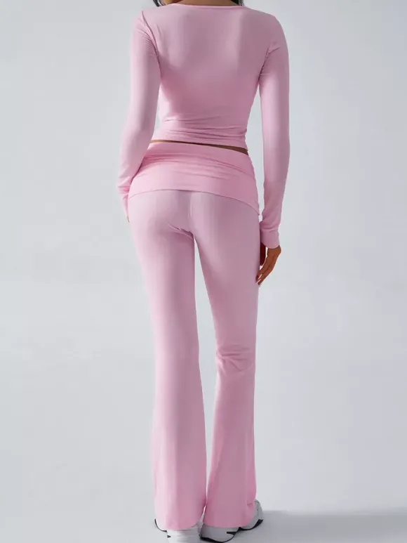 Long Sleeve Two Piece Outfits For Women - V Neck Slim Fit Crop Top And Flared Pants Yoga Set - Spring Gym Lounge 2026