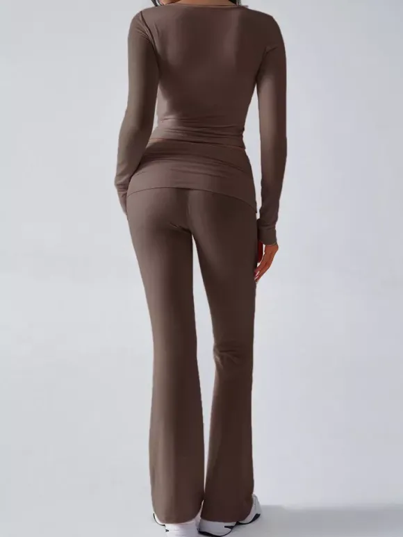 Long Sleeve Two Piece Outfits For Women - V Neck Slim Fit Crop Top And Flared Pants Yoga Set - Spring Gym Lounge 2026