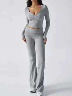 Long Sleeve Two Piece Outfits For Women - V Neck Slim Fit Crop Top And Flared Pants Yoga Set - Spring Gym Lounge 2026