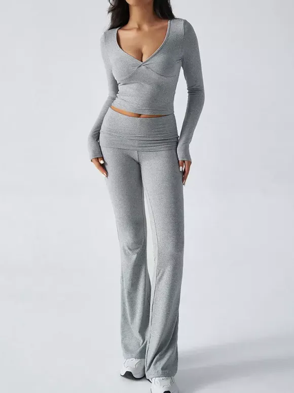 Long Sleeve Two Piece Outfits For Women - V Neck Slim Fit Crop Top And Flared Pants Yoga Set - Spring Gym Lounge 2026