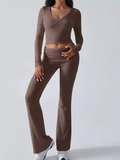 Long Sleeve Two Piece Outfits For Women - V Neck Slim Fit Crop Top And Flared Pants Yoga Set - Spring Gym Lounge 2026
