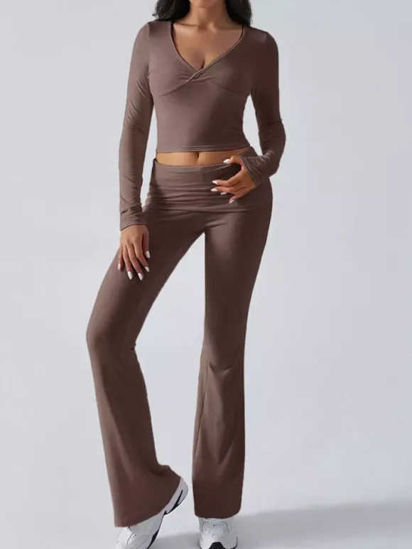 Long Sleeve Two Piece Outfits For Women - V Neck Slim Fit Crop Top And Flared Pants Yoga Set - Spring Gym Lounge 2026