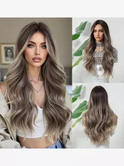 Long Water Wave Synthetic Wig Middle Part Ombre Highlights Hair Wig For Women