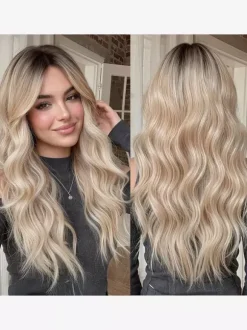 Long Water Wave Synthetic Wig Middle Part Ombre Highlights Hair Wig For Women
