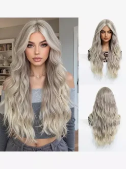 Long Water Wave Synthetic Wig Middle Part Ombre Highlights Hair Wig For Women