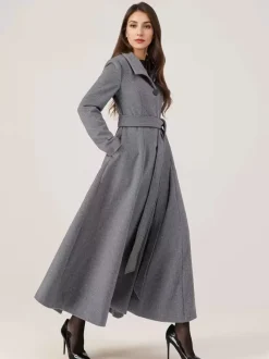 Long Woolen Flared Coat Gray Belted Winter Full Length Outerwear For Women 2026