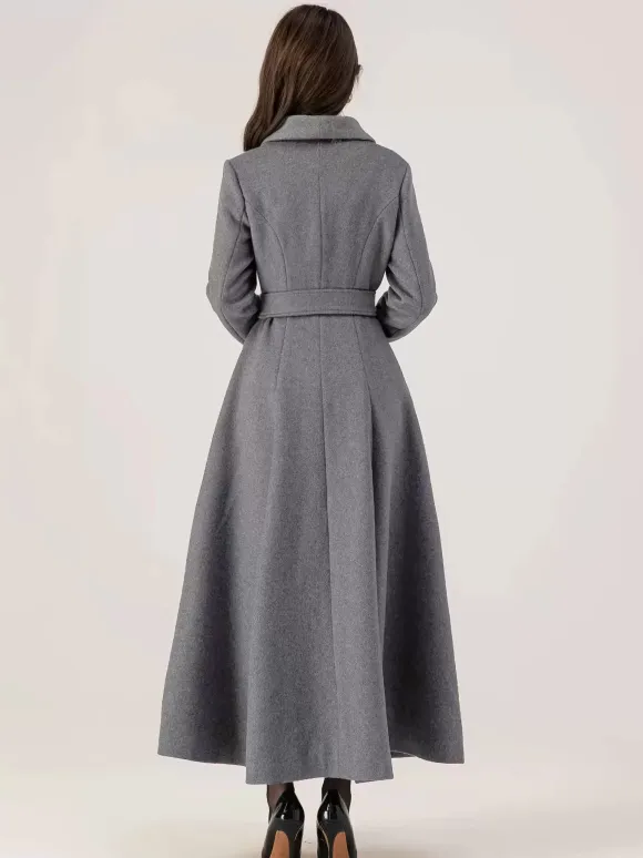 Long Woolen Flared Coat Gray Belted Winter Full Length Outerwear For Women 2026