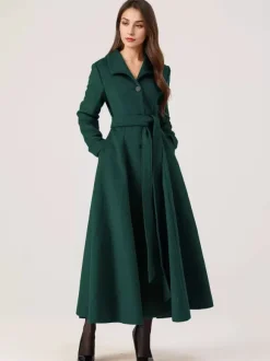 Long Woolen Flared Coat Gray Belted Winter Full Length Outerwear For Women 2026