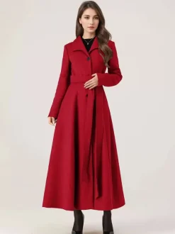 Long Woolen Flared Coat Gray Belted Winter Full Length Outerwear For Women 2026