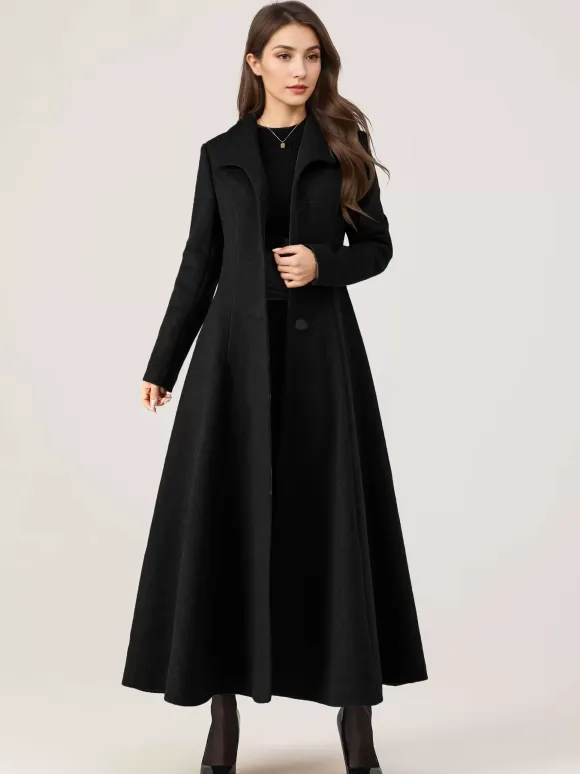 Long Woolen Flared Coat Gray Belted Winter Full Length Outerwear For Women 2026