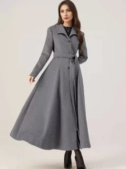 Long Woolen Flared Coat Gray Belted Winter Full Length Outerwear For Women 2026