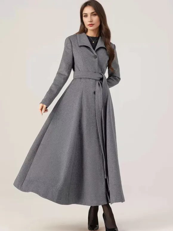 Long Woolen Flared Coat Gray Belted Winter Full Length Outerwear For Women 2026