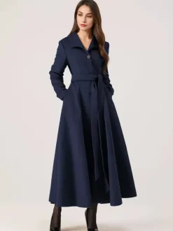 Long Woolen Flared Coat Gray Belted Winter Full Length Outerwear For Women 2026