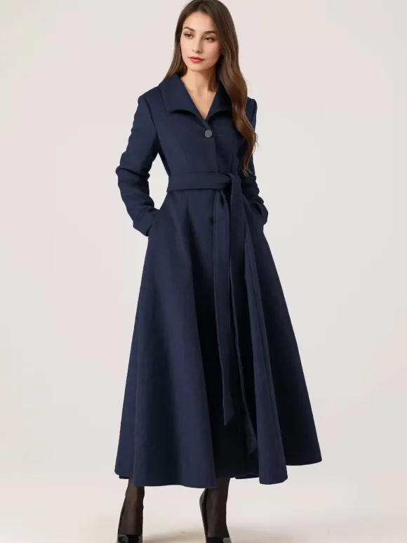 Long Woolen Flared Coat Gray Belted Winter Full Length Outerwear For Women 2026
