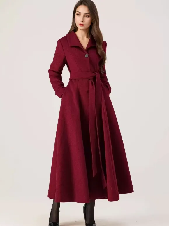 Long Woolen Flared Coat Gray Belted Winter Full Length Outerwear For Women 2026