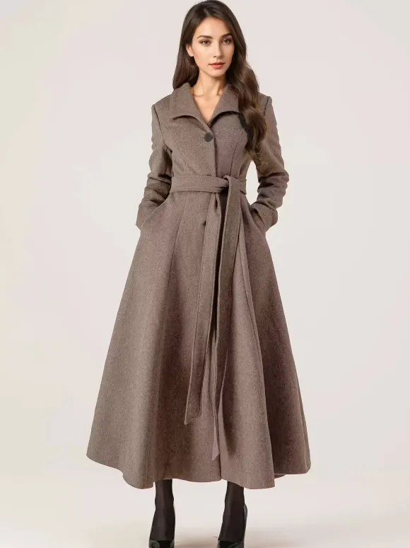 Long Woolen Flared Coat Gray Belted Winter Full Length Outerwear For Women 2026
