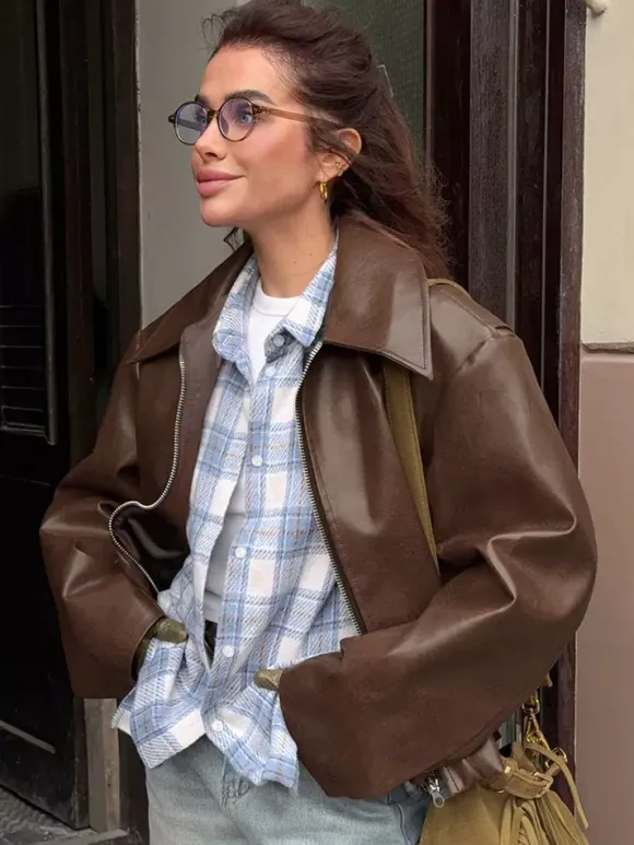 Loose Oversized Faux Leather Coat Turn Down Collar Elastic Hem Casual Moto Jacket
