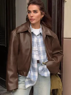 Loose Oversized Faux Leather Coat Turn Down Collar Elastic Hem Casual Moto Jacket