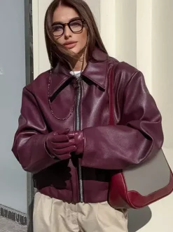 Loose Oversized Faux Leather Coat Turn Down Collar Elastic Hem Casual Moto Jacket