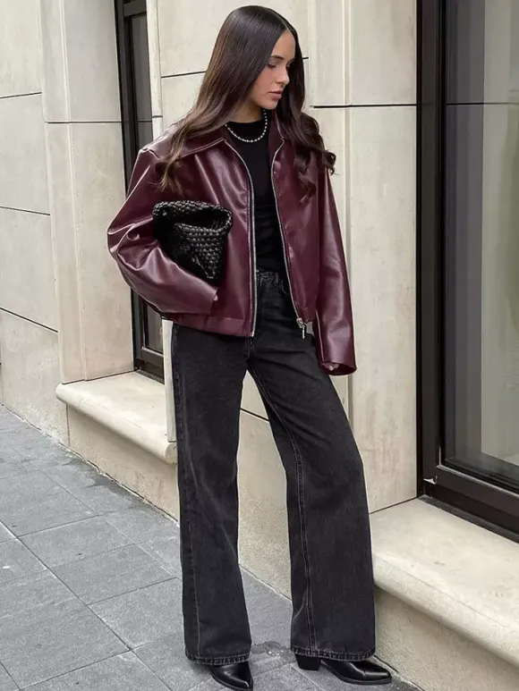 Loose Oversized Faux Leather Coat Turn Down Collar Elastic Hem Casual Moto Jacket