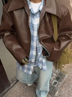 Loose Oversized Faux Leather Coat Turn Down Collar Elastic Hem Casual Moto Jacket