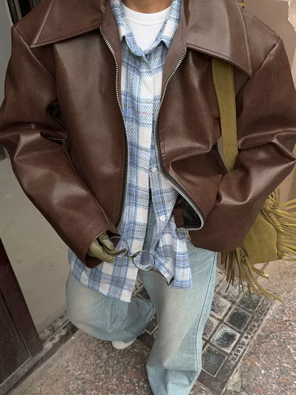 Loose Oversized Faux Leather Coat Turn Down Collar Elastic Hem Casual Moto Jacket