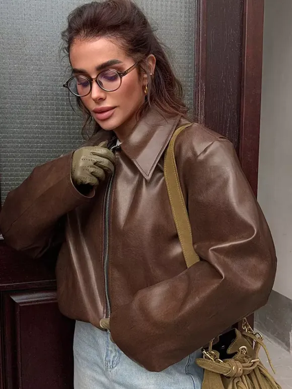 Loose Oversized Faux Leather Coat Turn Down Collar Elastic Hem Casual Moto Jacket