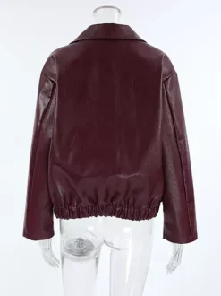 Loose Oversized Faux Leather Coat Turn Down Collar Elastic Hem Casual Moto Jacket