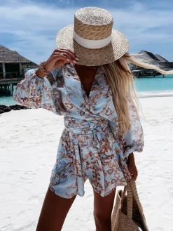Loose Romper Printed V-Neck Lantern Sleeves Belted Casual Resort Jumpsuit