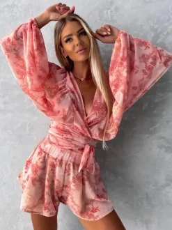 Loose Romper Printed V-Neck Lantern Sleeves Belted Casual Resort Jumpsuit