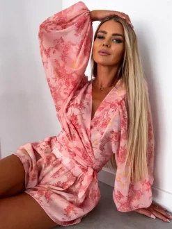 Loose Romper Printed V-Neck Lantern Sleeves Belted Casual Resort Jumpsuit