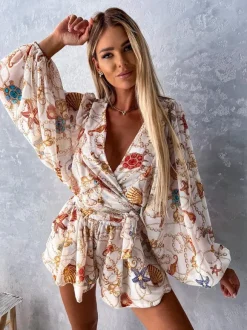Loose Romper Printed V-Neck Lantern Sleeves Belted Casual Resort Jumpsuit