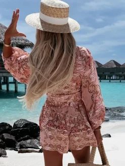 Loose Romper Printed V-Neck Lantern Sleeves Belted Casual Resort Jumpsuit