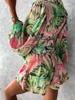 Loose Romper Printed V-Neck Lantern Sleeves Belted Casual Resort Jumpsuit