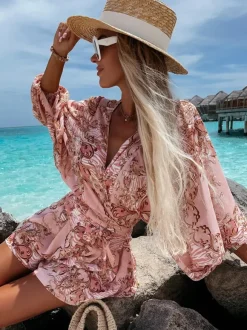 Loose Romper Printed V-Neck Lantern Sleeves Belted Casual Resort Jumpsuit