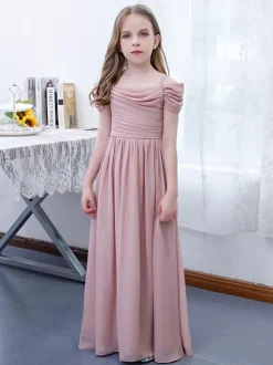 Lotus Pink Flower Girl Dress Chiffon Pleated Off-The-Shoulder Short Sleeves Kids Birthday Party Dresses