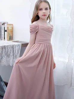 Lotus Pink Flower Girl Dress Chiffon Pleated Off-The-Shoulder Short Sleeves Kids Birthday Party Dresses