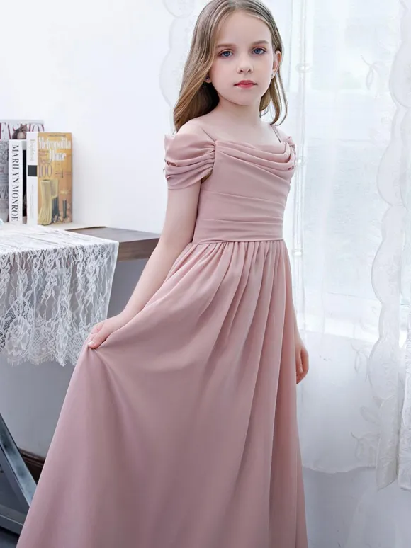 Lotus Pink Flower Girl Dress Chiffon Pleated Off-The-Shoulder Short Sleeves Kids Birthday Party Dresses