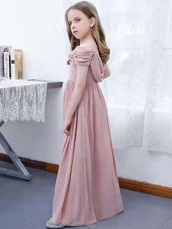 Lotus Pink Flower Girl Dress Chiffon Pleated Off-The-Shoulder Short Sleeves Kids Birthday Party Dresses