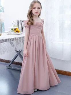Lotus Pink Flower Girl Dress Chiffon Pleated Off-The-Shoulder Short Sleeves Kids Birthday Party Dresses