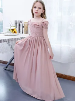Lotus Pink Flower Girl Dress Chiffon Pleated Off-The-Shoulder Short Sleeves Kids Birthday Party Dresses