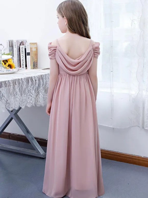 Lotus Pink Flower Girl Dress Chiffon Pleated Off-The-Shoulder Short Sleeves Kids Birthday Party Dresses