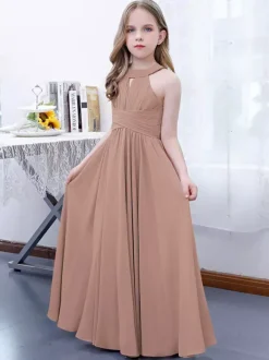 Lotus Pink Flower Girl Dress Chiffon Pleated Halter Sleeveless Kids Birthday Party Dresses