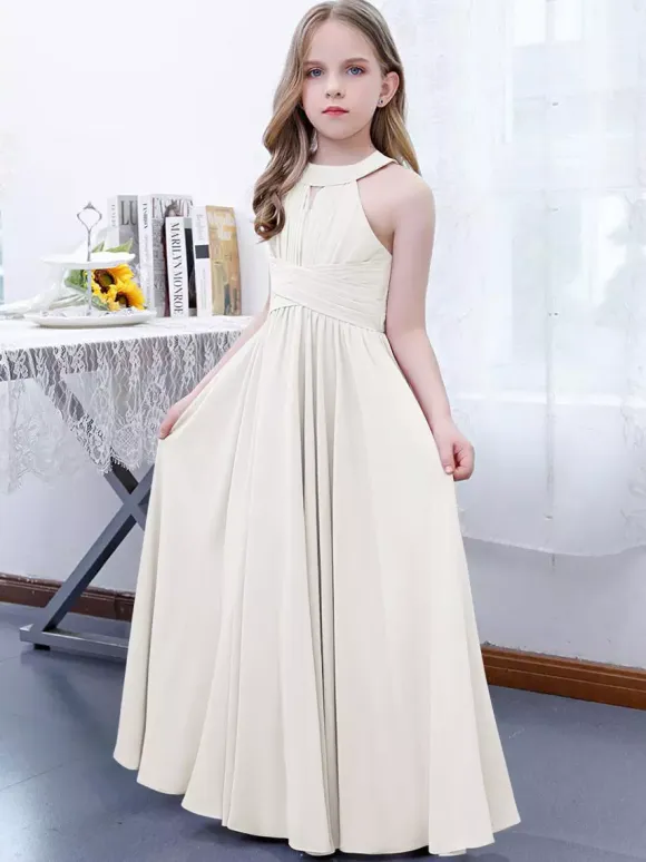 Lotus Pink Flower Girl Dress Chiffon Pleated Halter Sleeveless Kids Birthday Party Dresses
