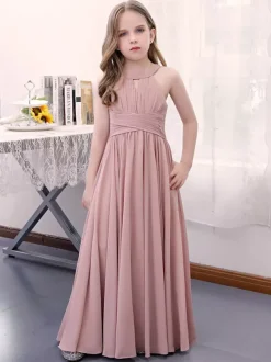 Lotus Pink Flower Girl Dress Chiffon Pleated Halter Sleeveless Kids Birthday Party Dresses