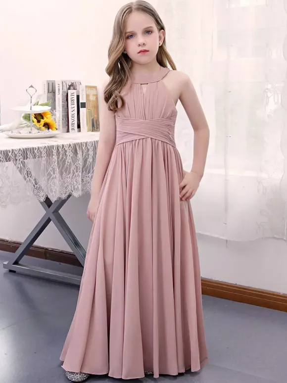 Lotus Pink Flower Girl Dress Chiffon Pleated Halter Sleeveless Kids Birthday Party Dresses