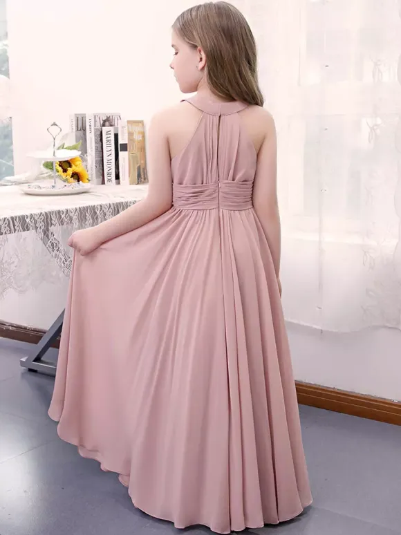Lotus Pink Flower Girl Dress Chiffon Pleated Halter Sleeveless Kids Birthday Party Dresses