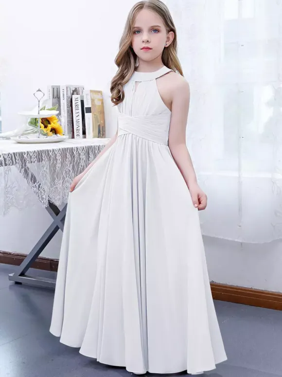 Lotus Pink Flower Girl Dress Chiffon Pleated Halter Sleeveless Kids Birthday Party Dresses